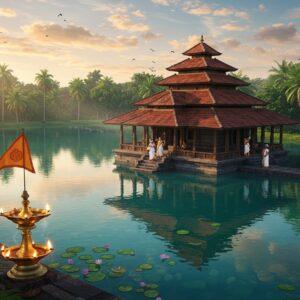 A serene aerial view of an ancient Kerala-style temple with sloped terracotta-tiled roofs floating on a pristine lake, surrounded by emerald waters and lush palm groves. The temple's golden-hued granite structure reflects perfectly in the crystal-clear water, creating a mirror image. A stone walkway connects the temple to the shore, where devotees in traditional Kerala attire (men in white mundu, women in cream-colored Kerala sarees with gold borders) are walking. The scene is illuminated by warm morning sunlight casting long shadows, with golden rays filtering through coconut trees. Sacred lotus flowers float on the water surface, while the temple's brass-plated flagpost gleams in the sunlight. In the foreground, traditional brass oil lamps are lit, their flames creating a mystical glow. The sky features soft pastel clouds with hints of orange and pink. The entire scene is rendered in a style blending traditional Pattachitra art with modern digital aesthetics, emphasizing rich colors like deep blue water, golden temple elements, and emerald greenery, maintaining a photorealistic quality while incorporating subtle mandala patterns in the sky.