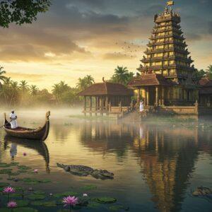 A majestic ancient temple with traditional Kerala architecture floating on a serene lake, surrounded by lush green palm trees and tropical vegetation. The temple's golden-hued granite structure reflects perfectly in the crystal-clear waters. A wooden walkway with intricate Malayali carvings leads to the temple entrance. In the foreground, a traditional Kerala-style wooden boat (vallam) with brass decorations gently glides through the water, piloted by a local boatman in traditional mundu. Soft morning mist hovers over the water surface, creating an ethereal atmosphere. Sacred lotus flowers in pink and white dot the lake's surface. The sky features dramatic golden-orange sunrise colors with hints of deep blue. Two devotees in traditional Kerala attire (white mundu and golden-bordered kasavu) are seen offering prayers on the temple steps. A resident crocodile, known as Babiya, peacefully swims in the sacred waters. The scene is rendered in a blend of photorealistic and mystical digital art style, with emphasis on golden hour lighting and reflections. Intricate Malayali architectural details are highlighted with soft glowing accents.