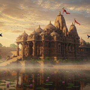 A majestic ancient Indian temple complex emerging from morning mist, featuring intricate Nagara-style architecture with its characteristic curved shikhara towers reaching towards a dawn sky painted in soft gold and rose hues. The temple's facade showcases elaborate stone carvings of deities, celestial beings, and geometric patterns in traditional Madhubani style. In the foreground, a serene water reflection pool mirrors the structure, surrounded by blooming lotus flowers. The scene is illuminated by rays of golden sunlight breaking through clouds, creating dramatic light patterns on the temple's stone surface. Multiple levels of the temple are visible, showing detailed architectural elements like mandapas, jharokhas, and ornate pillars. Flying peacocks and sacred pigeons add movement to the scene. The color palette includes deep maroons, carved sandstone colors, with accents of gold leaf and peacock blue in the architectural details. The entire scene is rendered in a fusion of hyperrealistic 3D modeling with traditional Indian art patterns, creating a breathtaking panoramic view that combines historical accuracy with magical realism.