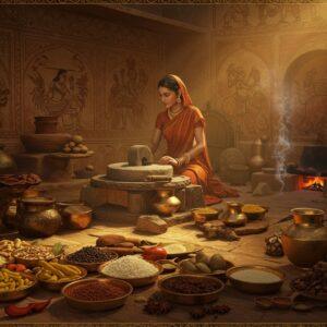 A richly detailed ancient Indian kitchen scene set in a bronze age courtyard, illuminated by warm golden sunlight. A skilled Indian woman in traditional bronze age attire (simple draped cloth in earthy saffron) works at an elaborately carved stone grinding wheel. Around her, authentic bronze age cooking vessels, earthen pots, and copper utensils are artistically arranged. In the background, intricately painted Harappan-style walls featuring geometric patterns and trading scenes. The foreground displays a spread of period-accurate ingredients: barley, rice, lentils, turmeric roots, black pepper, and indigenous spices in bronze bowls. Smoke rises from a traditional clay chulha, creating a mystical atmosphere. The scene incorporates Madhubani-style decorative elements in the borders, with motifs of wheat stalks and ancient trade routes. The lighting is warm and ethereal, with subtle golden highlights on the bronze vessels. The color palette focuses on deep terracotta, burnished bronze, warm gold, and earthy browns, with pops of spice colors. Photorealistic rendering with attention to historical accuracy in architecture and artifacts, enhanced with subtle spiritual symbolism.