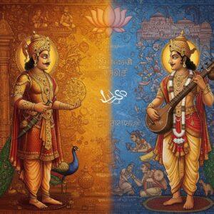 A majestic split-screen composition showing two powerful Indian emperors - Chandragupta Maurya and Samudragupta - facing each other across a gilded central divide. On the left, Chandragupta Maurya stands in royal Mauryan attire with golden armor, holding the famous Mauryan chakra emblem, surrounded by peacock motifs, Ashoka pillars, and Buddhist symbols in deep saffron and maroon tones. On the right, Samudragupta in ornate Gupta-era royal dress with a veena in hand, encompassed by Sanskrit manuscripts, temple architecture, and Hindu religious motifs in rich peacock blue and gold. The background features an intricate Madhubani-style pattern morphing between both eras, with detailed miniature scenes of warfare, trade, and cultural activities. A golden lotus mandala floats above, connecting both realms. The lighting is dramatic with ethereal glows highlighting the emperors' faces. The art style combines traditional Indian Pattachitra techniques with modern digital art, creating a rich, detailed composition with deep cultural symbolism. Both emperors wear period-accurate jewelry and crown designs. The scene is framed by architectural elements from their respective eras - Mauryan pillars on left and Gupta temples on right.
