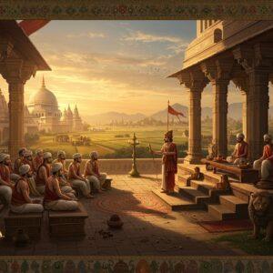 A majestic ancient Indian cityscape at sunset, featuring grand stone architecture with ornate Mauryan-style pillars and Buddhist stupas. In the foreground, a gathering of noble assembly members in rich silk dhotis and uttariyas (cream, maroon, and gold) seated in a semicircle on elevated stone seats, engaged in democratic discourse. The central figure stands addressing the assembly, holding a golden scepter. The scene is illuminated by bronze oil lamps and filtered sunlight through decorative stone jalis. Intricate Madhubani-style border patterns frame the scene, featuring symbols of power like lions, elephants, and sacred wheels. The background shows agricultural fields, trading caravans, and distant mountains, representing the Janapada territories. Warm golden light bathes the scene, creating long shadows and a sense of timeless grandeur. The art style combines hyperrealistic architectural details with stylized Indian miniature painting elements. The atmosphere conveys both power and sophisticated governance, with subtle elements like royal banners, sacred symbols, and peacock motifs incorporated into the architecture.