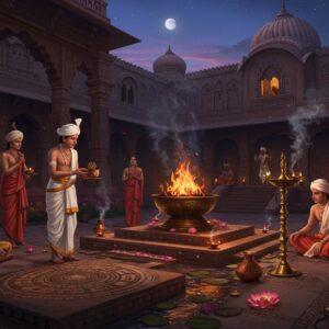A grand ancient Indian courtyard scene at twilight, featuring ornately dressed Magadhan nobles performing sacred rituals around a massive bronze fire altar. The main focus is a Shaishunaga dynasty priest in white silk dhoti with gold borders, performing agnihotra with intricate mudras. Behind him, a detailed architectural backdrop showcases the distinctive Magadhan palace architecture with lotus-carved pillars and Buddhist influences. The scene includes period-accurate elements: copper vessels, vedic ritual implements, and symbolic lotus flowers floating in water channels. Multiple layers of incense smoke create an ethereal atmosphere, illuminated by golden oil lamps. The color palette features deep royal purples, burnished golds, and rich terra cottas. Intricate Madhubani-style patterns adorn the walls, while the foreground shows detailed religious symbols and yantra patterns inlaid in stone. The lighting combines warm fire glow with cool moonlight, creating a mystical atmosphere. Subtle celestial elements in the sky suggest astrological significance. The scene is rendered in a style merging traditional Indian art with modern digital fantasy aesthetics, maintaining historical accuracy while appearing visually captivating.