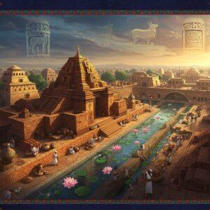 A majestic aerial view of ancient Mohenjodaro civilization, rendered in rich Madhubani art style with modern digital aesthetics. The scene shows intricate architectural details of the Great Bath in the foreground, surrounded by perfectly planned grid-like streets and burnt-brick buildings. Indian traders in traditional dhoti and headgear engage in commerce with bronze scales and pottery. Dancing peacocks adorned with detailed Madhubani patterns frame the corners. The color palette features deep indigo, terracotta red, and burnished gold. Sacred bull motifs and ancient Indus Valley seals float ethereally in the sky, rendered in luminescent gold against a deep peacock blue background. Mystical lotus flowers bloom along the waterways, their petals detailed with traditional Indian patterns. The scene is illuminated by a warm, divine light creating an atmospheric depth. Swirling mandalas and yantra patterns subtly integrate into the architecture. The overall composition merges historical accuracy with spiritual symbolism, creating a surreal yet authentic glimpse into ancient South Asian civilization. Hyper-detailed, 8k resolution, cinematic lighting.