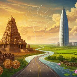 A grand, ethereal scene blending ancient and modern Andhra Pradesh. In the foreground, a majestic Kakatiya-era temple with intricate carvings stands proud, its golden spire gleaming. Beside it, a sleek modern skyscraper rises, symbolizing progress. The path between them is a flowing river of time, transforming from an old stone road to a modern highway. Along the banks, vignettes showcase key historical moments: Buddhist stupas, Satavahana coins, Vijayanagara ruins, and colonial-era buildings. The sky above is a canvas of warm saffron and deep blue, with wispy clouds forming the shape of the state's map. In the distance, lush green fields and coastline represent the state's geography. Floating mandalas and lotuses add a spiritual touch, while a soft golden glow bathes the entire scene. The art style merges traditional Kalamkari patterns with modern digital techniques, creating a rich tapestry of colors and textures.