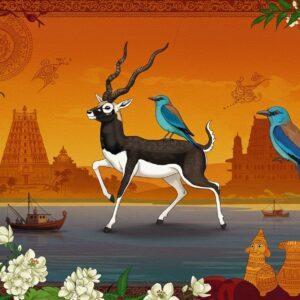 A vibrant, stylized digital illustration showcasing the state symbols of Andhra Pradesh in a harmonious composition. In the center, a majestic blackbuck (state animal) leaps gracefully, its antlers adorned with intricate Kalamkari patterns. Perched on its back, an Indian roller bird (state bird) displays its brilliant blue plumage. Surrounding them, a lush border of fragrant jasmine flowers (state flower) intertwines with neem leaves (state tree). In the background, the iconic Tirumala Tirupati temple silhouette rises, bathed in a warm golden glow. The Bay of Bengal shimmers to one side, with fishing boats dotting the horizon. Traditional Andhra motifs like Kondapalli toys and Kalamkari art elements float ethereally in the sky. The overall scene is rendered in rich, deep colors of saffron, maroon, and peacock blue, with gold accents highlighting key elements. The art style blends traditional Indian techniques with modern digital aesthetics, creating a captivating visual representation of Andhra Pradesh's cultural identity.