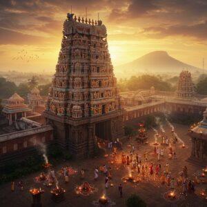 A majestic aerial view of Annamalaiyar Temple during sunrise, with golden rays illuminating its towering gopuram decorated with intricate Dravidian sculptures. The temple's red and white striped walls contrast against the mystical Arunachala Hill backdrop, wrapped in a subtle ethereal mist. In the foreground, devotees circumambulating with oil lamps create a glowing trail of light around the temple complex. The scene is enhanced with floating lotus petals and delicate smoke trails from camphor. Soft orbs of divine light scatter across the composition. The art style combines traditional South Indian temple architecture with modern digital art techniques, featuring rich colors of deep maroon, saffron, and gold. Sacred fire elements and traditional kolam patterns integrate seamlessly into the scene. Lighting is dramatic with emphasis on the golden hour glow, creating a sense of divine presence. The perspective showcases the temple's grandeur while maintaining a warm, inviting atmosphere. Ultra HD, cinematic quality, photorealistic rendering with attention to architectural details.