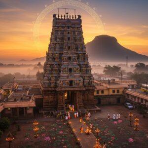A majestic aerial view of Annamalaiyar Temple during sunrise, with the sacred Arunachala Hill in the background emanating a divine golden glow. The temple's towering gopuram, intricately detailed in Dravidian architecture style, stands prominently with traditional Madhubani-style patterns. In the foreground, a modern, well-lit pathway leads to the temple, lined with blooming lotus flowers and glowing oil lamps. Small groups of pilgrims in traditional Tamil attire are seen walking towards the temple. The scene includes comfortable-looking guest houses with traditional architecture but modern amenities visible through warm-lit windows. Modern buses and cars are subtly placed in the distance. The color palette features deep maroons, saffron, and gold with hints of ethereal blue in the sky. Soft mist surrounds the base of Arunachala Hill, creating a mystical atmosphere. The artwork combines photorealistic architectural details with stylized Indian art elements, surrounded by a subtle mandala-shaped border with Shiva-related motifs in gold.