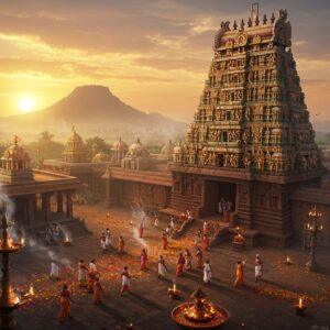 A majestic aerial view of Annamalaiyar Temple during sunrise, with golden rays illuminating its towering gopuram decorated with intricate Dravidian sculptures. The main temple structure rises against a mystical backdrop of Arunachala hill emanating a subtle divine glow. In the foreground, devoted pilgrims in traditional Tamil attire circumambulate the temple complex, creating a circular trail of light. The scene features detailed architectural elements including the thousand-pillared hall with ornate carvings. Floating diyas and scattered marigold flowers add warmth to the composition. The color palette combines deep maroons, burnt orange, and gold with touches of sunrise pink. Smoke from ritual fires creates ethereal swirls in the air, while small oil lamps dot the temple periphery. The artwork style merges traditional Tanjore art techniques with modern digital art aesthetics, emphasizing the grandeur of the temple architecture. Soft morning mist surrounds the temple base, creating a mystical atmosphere. The lighting focuses on the interplay between natural sunlight and the temple's golden elements, creating a divine aura.