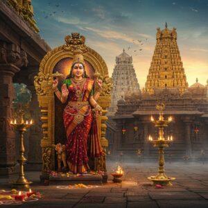 A majestic South Indian temple complex dedicated to Goddess Annapoorneshwari, featuring intricate Dravidian architecture with golden-hued gopurams rising against a mystical twilight sky. The goddess stands gracefully in the center, four-armed, holding a golden spoon in her upper right hand, a jewel-studded vessel of food in her upper left hand, while her lower right hand holds a sri chakra and lower left hand displays the abhaya mudra. She wears a rich maroon and gold Kanchipuram silk saree with traditional temple jewelry. The temple's elaborate stone carvings show scenes of food distribution and prosperity. The foreground features a decorated stone mandapa with ornate pillars adorned with peacock motifs and lotus patterns. Soft divine light emanates from behind the goddess, creating a ethereal glow. The scene includes detailed elements like brass temple lamps, fresh flower garlands, and traditional rangoli patterns. The art style combines hyperrealistic architectural details with mystical Indian traditional art elements, rendered in rich colors of gold, saffron, deep red, and temple stone gray. Atmospheric fog and divine particles add depth and spirituality to the scene.