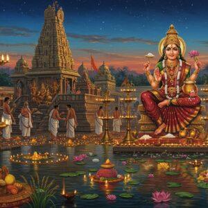 A majestic night scene of the Annapoorneshwari Temple illuminated by hundreds of traditional brass oil lamps, with the Goddess Annapoorneshwari seated in the center, depicted with four arms - holding a golden spoon in her lower right hand, a jewel-studded vessel of food in her lower left hand, a Sri Chakra in her upper right hand, and a lotus flower in her upper left hand. She wears a rich maroon and gold Kanchipuram silk saree with intricate temple border designs. The temple architecture features traditional South Indian style with ornate golden gopurams decorated with festival flags and banana leaves. In the foreground, devotees perform arati with large ceremonial lamps, creating circles of golden light. Floating lotus flowers and diyas illuminate a sacred pond in the foreground. The scene includes intricate Madhubani-style border patterns featuring rice stalks, fruits, and prosperity symbols. The lighting is warm and ethereal, with soft golden halos around the lamps and a deep blue twilight sky dotted with stars. The atmosphere carries a mystical blend of devotion and abundance, with subtle touches of floating rice grains and flower petals in the air.
