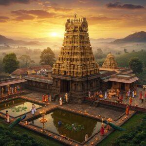 A majestic aerial view of the ornate Annapoorneshwari Temple during golden sunset, its traditional Dravidian architecture with intricate golden-hued gopuram rising against misty Western Ghats mountains. The temple complex features a serene lotus pond in the foreground reflecting the temple's grandeur. Goddess Annapoorneshwari in her traditional form seated in padmasana, holding a golden spoon in her right hand and a jewel-studded vessel of food in her left, emanating divine golden light. Around the temple, small traditional cottages and modern guesthouses nestled amidst lush green landscapes. Sacred peacocks roaming in the courtyard, with devotees in traditional attire walking on stone pathways lined with oil lamps. The scene combines photorealistic architecture with ethereal lighting, incorporating Madhubani-style decorative patterns in the sky. Rich colors of deep maroon, saffron, and peacock blue dominate, with soft glowing highlights. Gentle mist rolling through the surrounding coffee plantations, creating a mystical atmosphere. Style: hyper-detailed digital art with traditional Indian art influences.
