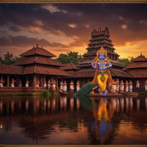 A majestic ancient Kerala temple with distinctive architectural elements featuring sloped tiled roofs and multiple tiers, set against a dramatic sunset sky with deep oranges and purples. The temple's reflection shimmers perfectly in the sacred Pampa River waters in the foreground. Traditional brass Aranmula Kannadi mirrors adorned with intricate Malayalam designs frame the scene. Lord Krishna as Parthasarathy stands in the center, rendered in traditional Kerala mural art style, holding a whip and conch, wearing yellow silk dhoti and adorned with pure gold ornaments. Divine peacocks with spreading feathers grace the temple courtyard, while traditional Kerala oil lamps cast a warm golden glow. Devotees in traditional Kerala attire perform circumambulation. The scene incorporates Madhubani-style border patterns featuring lotus motifs and temple elephants. Soft mystical light streams through clouds, creating divine rays. The entire composition maintains photorealistic details while incorporating surreal, ethereal elements and deep, rich colors of maroon, gold, and peacock blue.