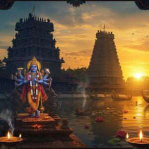 A magnificent ancient South Indian temple complex with traditional Kerala architecture rising against a mystical golden sunset, featuring the distinctive Aranmula temple gopuram with intricate carved details in dark stone. The famous Aranmula kannadi (metal mirror) reflects ethereal light in the foreground, creating a mesmerizing glow. Lord Krishna as Parthasarathy stands in the center, four-armed, holding the divine conch, chakra, mace, and lotus, adorned in rich gold ornaments and pure white cloth. The sacred Pamba River flows serenely in the background with traditional snake boats. Intricate Madhubani-style patterns frame the scene, featuring peacocks, lotus motifs, and traditional Kerala elements. The atmosphere is enhanced by floating oil lamps, gentle smoke from sacred fires, and soft orange-gold light filtering through. The scene combines hyperrealistic architectural details with ethereal spiritual elements, rendered in deep blues, burnished golds, and rich earth tones, maintaining both historical accuracy and modern aesthetic appeal.