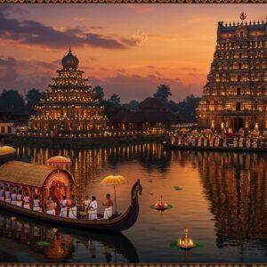 A majestic aerial view of the Aranmula Parthasarathy Temple during twilight, its traditional Kerala architecture illuminated by hundreds of brass oil lamps. The famous Aranmula kannadi (metal mirrors) reflect golden light across the scene. In the foreground, an intricate snake boat (Palliyodam) adorned with traditional Kerala decorations and golden parasols glides through serene backwaters. Devotees in traditional Kerala attire (men in white mundus with golden borders, women in cream kasavu sarees) stand on the boat, performing the Vanchipattu (boat song). The sky features deep purples and oranges, with subtle mandala patterns merging with clouds. The temple's reflection in the water creates a symmetrical pattern, enhanced by floating lotus flowers and brass lamps. The scene incorporates Madhubani-style decorative elements around the borders, featuring peacocks and divine symbols in gold and deep blue. The lighting is mystical, with a combination of warm temple lights and cool twilight hues, creating a serene, spiritual atmosphere. Rendered in high-detail digital art style while maintaining traditional Indian art sensibilities.