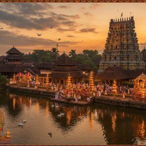 A majestic aerial view of Aranmula Parthasarathy Temple during golden sunset, with its distinctive Kerala architectural style featuring multiple copper-plated gopurams and sloped tiled roofs. The sacred Pamba River flows serenely in the foreground, reflecting the temple's grandeur. Traditional Malayalam-style oil lamps (vilakku) illuminate the temple premises with warm golden light. In the middle ground, devotees in traditional Kerala attire (men in white mundus, women in cream kasavu sarees) perform pradakshina. The famous Aranmula Kannadi (metal mirrors) catch and reflect light spectacularly across the scene. Intricate Pattachitra-style border details frame the scene, incorporating motifs of Lord Krishna as Parthasarathy driving Arjuna's chariot. The sky features ethereal clouds with hints of deep orange and purple, while sacred swans glide across the river. The atmosphere combines photorealistic architecture with mystical Madhubani-inspired elements, creating a harmonious blend of traditional and contemporary artistic styles. Soft glowing halos around the temple towers suggest divine presence. The lighting emphasizes the temple's brass and copper elements, creating a warm, inviting ambiance.
