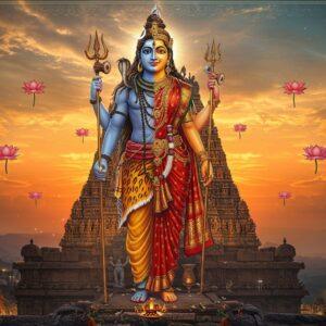 A majestic half-Shiva half-Parvati deity (Ardhanarishvara) standing atop the sacred Tiruchengode hill during sunset, their form perfectly divided vertically - the right side showing Lord Shiva with ash-smeared skin, tiger skin attire, and serpent ornaments, while the left side depicts Goddess Parvati with golden complexion wearing a red silk saree with gold border. Shiva's right half holds a trident, while Parvati's left half holds a lotus. The background features the ancient stone temple architecture with intricate Dravidian carvings illuminated by golden hour light. Floating celestial lotuses and mandalas frame the scene, with soft rays of divine light emerging from behind. The sky shows a gradient of deep saffron to peacock blue, with ethereal clouds. Intricate Madhubani-style patterns fill the negative spaces, while subtle gold accents highlight the jewelry and architectural details. The overall composition creates a surreal, spiritual atmosphere with a perfect balance of masculine and feminine energies.