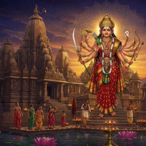 A majestic temple complex dedicated to Goddess Ashtabhuji, rendered in rich Madhubani-digital fusion style, set against a mystical twilight sky with golden and deep purple hues. The eight-armed goddess stands tall in the center, each hand holding traditional weapons - clockwise from top right: sword, trident, chakra, conch, lotus, bow, arrow, and shield. She wears a magnificent red and gold silk saree with intricate temple border patterns. Her face is serene with a gentle smile, adorned with traditional Indian jewelry including a large nose ring and crown. The temple architecture features ornate stone carvings, multiple levels with carved pillars, and a towering shikhara decorated with small bells. In the foreground, devotees in contemporary Indian attire walk on ancient stone steps lined with lit brass diyas. Floating lotus flowers and peaceful water bodies surround the temple base. The scene is illuminated by warm, divine light emanating from behind the goddess, creating a ethereal glow. Intricate mandala patterns in gold appear in the sky like stars. The overall composition combines traditional sacred architecture with modern artistic elements, creating a bridge between ancient spirituality and contemporary devotion.