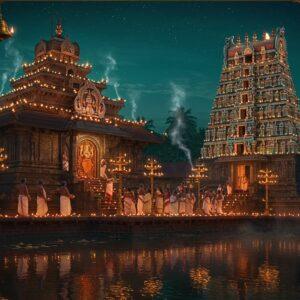 A majestic night scene of the illuminated Vaikom temple gopuram with intricate Dravidian architecture, adorned with hundreds of traditional brass oil lamps creating a golden glow. In the foreground, a group of devotees in traditional Kerala attire (men in white mundu, women in cream and gold kasavu sarees) performing the ritual circumambulation around the temple. The main shrine features Lord Shiva as Vaikathappan with detailed traditional Kerala mural art style. Ethereal smoke from ritual fires rises, blending with moonlight. Crystal-clear temple pond reflecting the entire scene with lotus flowers. Intricate Madhubani-style border patterns frame the scene, incorporating elements like conch shells, bells, and Sanskrit symbols. The lighting creates a mystical atmosphere with warm golden hues from oil lamps contrasting with cool moonlight. The scene captures both grandeur and intimate devotional moments, with detailed textures on temple stones and metalwork. Soft focus on background with teal and deep blue night sky studded with stars. Hyperrealistic digital art style with magical realism.