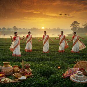 A stunning panoramic view of an Assamese harvest festival celebration during sunset, featuring women in traditional white and red mekhela chadors performing the graceful Bihu dance in a lush green tea garden. The dancers wear intricate gold jewelry including traditional Assamese 'Junbiri' necklaces and 'Thulia' bangles. In the foreground, a beautiful display of traditional brass 'xorai' filled with betel nuts and tamul pan, alongside bamboo 'jaapi' hats decorated with intricate patterns. The background showcases the mighty Brahmaputra River with traditional wooden boats, while the sky features swirling patterns inspired by Assamese 'Gamosa' motifs in deep gold and saffron. The scene is illuminated by multiple bamboo torches and oil lamps creating a warm, ethereal glow. Tea bushes stretch endlessly into the horizon, their edges softened by a mystical morning mist. The color palette focuses on deep greens, rich golds, vibrant reds, and pristine whites. Art style combines hyperrealistic digital painting with traditional Assamese motifs and patterns, creating a modern yet culturally authentic atmosphere. Soft bokeh effects in the background add depth and mysticism to the scene.