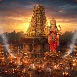 A majestic aerial view of Attukal Bhagavathy Temple during sunset, with the main golden temple gopuram rising prominently in traditional Kerala architectural style, adorned with intricate Dravidian carvings. The Goddess Attukal Devi stands in the center, radiating divine light, depicted in her powerful form with four arms - holding a sword, shield, lotus, and abhaya mudra gesture, wearing a bright red and gold silk saree with traditional Kerala temple jewelry. Around the temple, hundreds of traditional brass lamps (nilavilakku) are lit, creating a mesmerizing pattern of golden lights. In the foreground, a group of women in traditional Kerala settu mundu (white and gold) perform the famous Pongala ritual with earthen pots and sacred fires. The scene is enveloped in ethereal mist with sparkles of divine energy, while intricate Madhubani-style patterns frame the corners. The color palette features deep maroons, burnished golds, and peacock blues, with smoke from the Pongala creating mystical swirls in the air. Hyperrealistic digital art style with magical lighting effects and atmospheric depth.