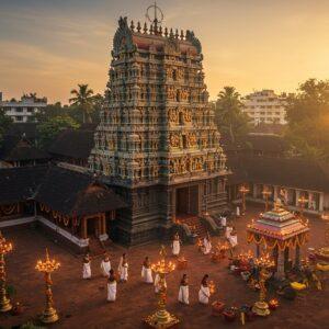 A majestic aerial view of Attukal Temple at golden hour, with its traditional Kerala architecture featuring copper-plated roofs and intricate wooden carvings illuminated by warm sunlight. The temple's main gopuram rises prominently, adorned with detailed sculptures of deities in gold and maroon. In the foreground, a serene courtyard with traditional Kerala-style oil lamps (nilavilakku) burning with golden flames. Beautiful Malayalam women in cream and gold Kerala sarees perform the traditional circumambulation around the temple. The scene is enhanced with blooming yellow and orange marigold garlands decorating the temple premises. Soft morning mist adds a mystical quality, while modern hotels and accommodation buildings are tastefully integrated in the background. The composition includes peaceful palm trees swaying in the breeze and the distinct red oxide temple pond reflecting the golden sky. Art style combines traditional Keralan mural art techniques with modern digital aesthetics, featuring rich colors of gold, deep red, and forest green. Hyperrealistic details with a dreamy, spiritual atmosphere. --ar 16:9