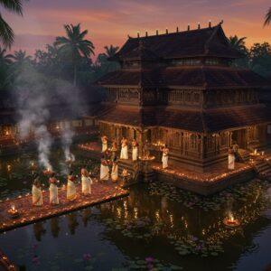 A majestic aerial view of Attukal Temple during dusk, with its traditional Kerala architecture illuminated by warm golden lights. The main shrine features intricate wooden carvings and copper-plated roofs characteristic of Kerala temple architecture. In the foreground, a group of devotees in traditional Kerala attire (women in cream-colored Kerala sarees with gold borders, men in pristine white mundus) perform pradakshina around the temple. The temple pond reflects the evening sky in deep purples and oranges. Floating lotus flowers and traditional brass lamps line the temple premises. Smoke from ritual ceremonies creates a mystical atmosphere, with rays of light filtering through. The scene is framed by coconut palms and traditional Kerala-style oil lamps. Art style combines hyperrealistic digital rendering with elements of traditional Kerala mural paintings, featuring rich colors like deep maroon, forest green, and burnished gold. The lighting creates a serene, divine atmosphere with soft glows and subtle highlights on the temple's architectural details.