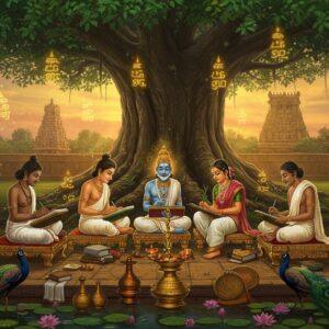 A serene ancient Tamil scholarly gathering under a grand banyan tree, featuring five diverse Tamil poets (three men and two women) dressed in traditional white and gold clothing, seated on ornate brass platforms. They are writing on palm leaves using styluses, surrounded by floating golden Tamil scripts that dissolve into ethereal light. The scene is illuminated by warm, mystical lighting with rays filtering through the banyan leaves. In the background, a detailed architectural marvel of ancient Madurai temple towers rises, adorned with intricate Dravidian sculptures. The foreground showcases scattered palm manuscripts, copper plates, and traditional oil lamps. Peacocks with elaborate feathers frame the scene, while lotus flowers float in a nearby pond. The art style combines traditional Tanjore painting techniques with modern digital art elements, featuring rich golds, deep browns, and royal blues. The overall composition creates a magical realism effect with glowing auras around the scholars and subtle mandala patterns in the background sky.