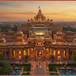A majestic aerial view of Ayodhya's skyline at golden hour, featuring the iconic Ram Mandir's golden spires in the background. In the foreground, a beautifully detailed traditional Dharamshala building with intricate Nagara architecture, adorned with carved pillars and arches in warm sandstone colors. The mid-ground shows a modern luxury hotel with glass facades reflecting the sunset, seamlessly blending with the ancient architecture. The scene includes peaceful courtyards with blooming lotus ponds, traditional garden layouts, and comfortable seating areas under ancient banyan trees. Indian families and pilgrims in traditional attire can be seen walking through the welcoming entrances. The atmosphere is enhanced with soft, warm lighting, creating a serene and inviting ambiance. Floating diyas and subtle light trails add a mystical quality. The art style combines photorealistic architectural details with Madhubani-inspired decorative elements in the borders and motifs. The color palette features rich golds, deep oranges, peaceful blues, and earthy terracotta tones. The overall composition should convey both luxury and spiritual comfort, with an emphasis on the harmonious blend of modern amenities and traditional values.