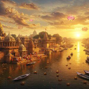 A mystical aerial view of Ayodhya and Varanasi merged together, divided by the sacred Sarayu and Ganges rivers glowing with golden divine light. In the foreground, the majestic Ram Mandir in Ayodhya with its ornate spires and domes reflects in still waters, while the background showcases Varanasi's iconic Dashashwamedh Ghat with rows of lit diyas floating on the river. The scene is illuminated by a ethereal sunrise casting orange-golden hues across the sky, with intricate Madhubani-style patterns forming clouds. Several pilgrims in traditional Indian attire perform rituals along the ghats, their silhouettes creating peaceful shadows. Small boats with brass lamps dot both rivers, creating trails of light. The architecture features detailed ancient Indian temple designs with modern geometric patterns. The color palette combines deep maroons, saffron, and peacock blue with touches of gold leaf effects. Lotus flowers and sacred symbols float ethereally in the air, adding a surreal spiritual dimension. The scene is rendered in a style that blends photorealistic architecture with mystical Indian art elements, creating a seamless bridge between ancient and contemporary aesthetics.