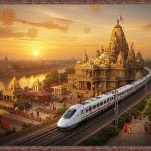 A majestic aerial view of Ayodhya's iconic Ram Mandir illuminated in golden light during sunrise, with a modern bullet train gracefully curving through the foreground. The temple's grand spires reach toward a dawn sky painted in soft saffron and pink hues. Traditional Madhubani-style decorative borders frame the scene, featuring intricate patterns of lotus flowers and peacocks in deep maroon and peacock blue. The surrounding landscape shows a harmonious blend of ancient architecture and modern infrastructure, with smaller temples and ghats along the Sarayu River visible in the background. Glowing mandalas float ethereally in the sky, casting a divine light. The scene is rendered in a style merging hyperrealistic digital art with traditional Indian artistic elements, incorporating detailed architectural accuracy of the Ram Mandir. Devotees in traditional Indian attire can be seen walking along the train platform, creating a sense of scale and movement. The overall composition emphasizes both spirituality and modern connectivity, with warm golden light creating an inviting atmosphere.