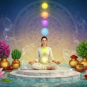 A serene Indian woman in lotus position, dressed in flowing white silk kurta with gold trim, meditating on a circular marble platform surrounded by a shallow pool of crystal-clear water. Seven glowing chakra orbs float vertically along her spine, each emitting its signature color. Around her, traditional Ayurvedic herbs and plants (tulsi, brahmi, ashwagandha) grow in ornate copper vessels, their leaves detailed in Madhubani art style. Ethereal golden light filters through a massive ornate mandala window behind her, casting intricate shadows. Various Ayurvedic elements float in a spiral around her - a golden kasa bowl, crystal healing stones, copper tongue scraper, and essential oil bottles, all decorated with traditional Indian patterns. Small streams of luminescent energy connect these elements to the chakra points. The scene is framed by blooming lotus flowers in pastel pink and white, with water droplets that catch and refract light. The atmosphere features subtle swirls of aromatic smoke in shades of saffron and lavender. Background showcases a gradient from deep peacock blue at the top to soft gold at the bottom, with delicate sacred geometry patterns floating in the air.