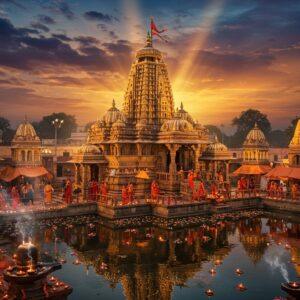 A majestic aerial view of the ancient Baidyanath Temple complex at twilight, with its traditional Nagara architecture style and ornate shikhara illuminated by warm golden lights. The main temple stands prominently, surrounded by smaller shrines, with intricate stone carvings visible on the walls. In the foreground, a serene water body reflects the temple's image, adorned with floating lotus flowers and diyas. The sky features a mystical combination of deep indigo and saffron hues, with streams of divine light breaking through clouds. Several devotees in traditional Indian attire are shown performing parikrama around the temple. The scene includes sacred symbols like trishuls, bells, and lingams rendered in a detailed, ornate style combining Madhubani patterns with modern digital art techniques. The lighting creates a dramatic interplay of light and shadow, emphasizing the spiritual atmosphere. Small wisps of incense smoke curl through the air, creating an ethereal effect. The color palette focuses on deep maroons, gold, and peacock blue, with accents of saffron and silver. The overall composition should convey both historical grandeur and spiritual significance, executed in a photorealistic style with subtle mystical elements.