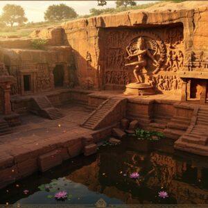 A majestic aerial view of Badami's red sandstone cliffs at golden hour, with intricately carved cave temples visible in stunning detail. The main cave features a detailed 18-foot sculpture of Nataraja Shiva with 18 arms in cosmic dance pose, surrounded by celestial dancers. Ancient stone steps wind upward through the composition. In the foreground, a serene lake reflects the caves like a mirror, with floating lotus flowers. The scene is illuminated by warm, divine light streaming through the cave entrances, creating dramatic shadows on the detailed reliefs of gods and mythological scenes. The architectural details show perfect symmetry with ornate pillars and brackets in Chalukyan style. Intricate Madhubani-style patterns frame the scene, featuring peacock blues and deep maroons. Multiple levels of caves visible in perspective, showcasing the grandeur of early Dravidian architecture. The atmosphere is mystical with subtle golden particles floating in light beams. Hyper-realistic 3D rendering with photographic quality, cinematic lighting, and rich textures that highlight the weathered sandstone. Elements of both Hinduism and Jainism art styles visible in the carvings.