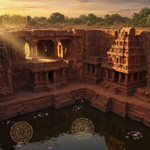 A majestic aerial view of the red sandstone Badami cave temples carved into the cliff face, illuminated by golden sunset light. The intricate architectural details of the Chalukyan style are highlighted with ornate pillars, detailed sculptures, and mandapas in rich earthy tones. In the foreground, a serene lake reflects the caves like a mirror, with lotus flowers floating on its surface. The scene features detailed carvings of Lord Vishnu in his various avatars, particularly the Varaha and Narasimha forms, rendered in the style of 6th-century Chalukyan art but with enhanced digital aesthetics. The atmosphere includes ethereal light beams penetrating through the cave openings, creating a mystical ambiance. Delicate mandalas float in the air, emitting a soft golden glow. The color palette focuses on deep reds, warm sandstone hues, royal blues, and touches of gold. The entire scene is rendered in a fusion of traditional Indian Pattachitra art style with modern digital art techniques, maintaining photorealistic textures while incorporating surreal, spiritual elements. Hyperdetailed, cinematic, epic scale, volumetric lighting, golden hour photography.