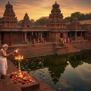 A majestic aerial view of Badami's iconic red sandstone cave temples carved into the cliff face, illuminated by golden sunset light. In the foreground, an elderly Indian priest in traditional white dhoti and angavastram performs an elaborate aarti ceremony with a golden lamp, creating dynamic light patterns. The scene features intricate Chalukyan architecture with detailed stone carvings of Lord Vishnu and Shiva visible in the background. Local devotees in colorful traditional Karnataka attire navigate the ancient stone steps. Crystal-clear waters of the Agastya Lake reflect the temples, creating a mirror image. Floating lotus flowers and diyas dot the water's surface. The composition includes symbolic elements like brass temple bells, coconuts, and marigold garlands. Art style combines hyperrealistic architectural details with ethereal lighting and Madhubani-inspired decorative patterns in the sky. The color palette features rich earthy reds, warm golds, deep oranges, and peaceful blues. The scene captures both the historical grandeur and living spiritual traditions of Badami.
