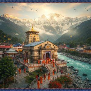 A majestic aerial view of the sacred Badrinath Temple nestled in the snow-capped Himalayan peaks, with its distinctive golden spire and colorful traditional architecture glowing in the golden morning light. The temple's white and gold facade stands out against the dramatic mountain backdrop. In the foreground, a winding path leads to the temple, where devotees in traditional Indian attire (saffron, white, and maroon clothing) are making their way up. Sacred River Alaknanda flows beside the temple with crystal-clear turquoise waters. Intricate Madhubani-style patterns frame the scene, featuring traditional motifs of lotus flowers and divine symbols in deep peacock blue and gold. The atmosphere is ethereal with soft mist surrounding the peaks, and rays of divine light breaking through clouds. Small details include prayer flags fluttering in the wind, and blooming Brahma Kamal flowers along the path. The scene is rendered in a harmonious blend of photorealistic and traditional Indian art styles, with a mystical, spiritual quality enhanced by subtle golden particle effects in the air.