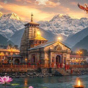A majestic view of Badrinath Temple nestled in the snow-capped Himalayas at golden hour, with the sacred Neelkanth Peak towering in the background. The temple's distinctive colorful dome and golden spire gleaming in divine light, with intricate Madhubani-style patterns decorating the temple walls. A flowing Alaknanda River in front creates reflections of the temple. Sacred lotus flowers float in the foreground waters. Devotees in traditional Indian attire climbing the temple steps. The scene features mystical elements like glowing mandalas in the sky, ethereal light streams, and floating diyas. Lord Vishnu's vahana Garuda soars majestically above the temple. The color palette combines deep maroons, saffron, peacock blues with soft golden highlights. Swirling spiritual energy patterns and sacred geometry elements frame the temple. Soft morning mist adds depth and mystery. The art style merges hyperrealistic architectural details with spiritual surrealism, creating a serene yet powerful atmosphere. Snow-capped mountains should have a photorealistic quality while maintaining the traditional Indian art elements.