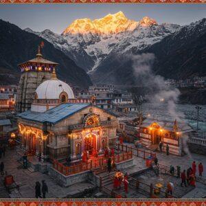 A majestic aerial view of Badrinath Temple nestled among snow-capped Himalayan peaks at golden hour, with the sacred Neelkanth Peak prominently visible in the background. The temple's distinctive colorful dome and white facades glowing with divine light. In the foreground, a beautifully detailed traditional guest house with wooden architecture and carved details, surrounded by prayer flags fluttering in the mountain breeze. Warm, inviting lights shine through windows, suggesting comfort and shelter. Small groups of pilgrims in traditional Indian winter wear walking along well-maintained stone pathways. The scene includes the sacred Alaknanda River flowing nearby, with steam rising from the Tapt Kund hot springs. The composition features intricate Madhubani-style border patterns incorporating Hindu symbols and mountain motifs. The color palette combines deep maroons, saffron, golden highlights, with cool Himalayan blues and whites. Photorealistic style with subtle spiritual elements like soft divine halos and ethereal mist, creating a welcoming and peaceful atmosphere. The scene should be rendered in high detail digital art style with atmospheric lighting and depth.