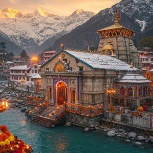 A majestic aerial view of Badrinath Temple set against snow-capped Himalayan peaks at golden hour, the temple's white facade with golden spires glowing ethereally. The temple architecture features intricate North Indian Nagara style with detailed carved pillars, ornate shikhara decorated with traditional Hindu motifs, and gold-plated dome reflecting sunset light. The sacred Alaknanda River flowing beside the temple with crystal clear waters. The scene includes detailed stone carvings of deities, geometric patterns, and lotus motifs on temple walls in traditional Madhubani art style. Floating diyas and marigold flowers in the foreground, with soft mist surrounding the temple base. The color palette combines deep maroons, saffron, gold, and pristine white of the snow. Highly detailed digital art with photorealistic textures, enhanced with surreal lighting effects creating a divine atmosphere. The temple proportions and architecture should be accurate to the real Badrinath Temple, with its distinctive colorful entrance gate and steps leading to the main shrine.