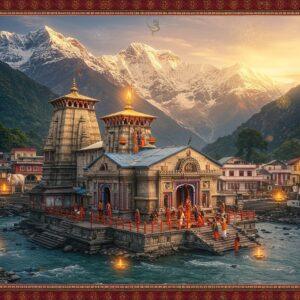 A majestic aerial view of Badrinath Temple nestled in snow-capped Himalayan peaks, with the sacred Neelkanth Peak prominent in the background. The temple's traditional North Indian architecture features intricate details, vibrant red and gold spires, and white marble walls glowing in golden sunrise light. Lord Vishnu as Badrinath sits in padmasana pose, deep blue in color, adorned with gold ornaments, holding sankha in upper right hand, chakra in upper left hand, padma in lower right hand, and gadha in lower left hand. The scene includes flowing Alaknanda River with crystal clear waters, ancient stone steps leading to the temple, and devotees in traditional attire performing rituals. Mystical elements include swirling spiritual energy in gold and blue hues, floating lotus petals, and ethereal light rays breaking through clouds. The composition combines Madhubani-style decorative patterns in the borders with modern digital art techniques, using a color palette of deep maroons, celestial blues, saffron, and gold. Intricate mandalas float in the sky, creating a supernatural ambiance. The scene is rendered in high detail with emphasis on architectural accuracy and spiritual symbolism.