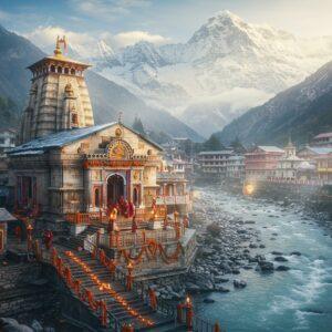 A majestic aerial view of Badrinath Temple nestled in snow-capped Himalayan peaks, with the sacred Neelkanth Peak prominently visible in the background. The temple's white and gold architecture features intricate Indian details, with its distinctive colorful spire glowing in golden morning light. The rushing Alaknanda River flows beside the temple, creating a crystal-clear stream pattern. In the foreground, stone steps decorated with marigold garlands lead to the temple. Ethereal mist surrounds the scene, with floating lotus petals and glowing diyas adding a spiritual ambiance. The landscape includes traditional Garhwali houses with sloped roofs, prayer flags fluttering in the mountain breeze, and devotees in traditional Indian winter attire walking the pilgrimage path. The scene combines hyperrealistic architectural details with mystical elements like subtle golden auras and celestial light rays breaking through clouds. Art style merges digital photorealism with traditional Pahari painting influences, emphasizing deep blues, saffrons, and snow whites. The atmosphere should capture both the physical grandeur and spiritual significance of this sacred site.