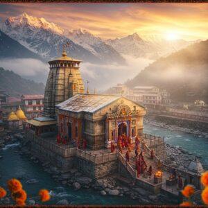 A majestic aerial view of Badrinath Temple nestled in snow-capped Himalayan peaks at sunrise, with golden sunlight illuminating its white and gold dome. The temple's traditional Garhwali architecture is rendered in intricate detail, with ornate spires and flags fluttering in the mountain breeze. In the foreground, a winding path leads to the temple, where devotees in colorful traditional attire are ascending the steps. The sacred Alaknanda River flows beside the temple, its crystal-clear waters reflecting the warm morning light. Mystical swirls of incense smoke blend with low-hanging clouds, creating an ethereal atmosphere. The scene features rich details like prayer bells, floating marigold flowers, and traditional stone architecture. The color palette combines deep burgundy, saffron, gold, and pristine white of the snow, with a soft morning mist adding depth. The art style merges hyperrealistic digital rendering with traditional Indian artistic elements, including mandala patterns in the sky and ornate border details. Photorealistic, cinematic lighting, volumetric fog, detailed textures, 8k resolution.