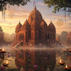 A majestic ancient Bahulara temple complex illuminated by golden sunrise, showcasing intricate Nagara architecture with curved shikhara towers and detailed stone carvings. The temple's red sandstone structure stands prominently against a mystical sky filled with soft pastel clouds. In the foreground, detailed Madhubani-style patterns merge with the temple's reflection in a serene water body. Sacred lotus flowers float on the water surface, their petals glowing with ethereal light. Traditional clay oil lamps with burning flames line the temple steps, creating a warm ambiance. Delicate mandalas and geometric patterns float in the air, rendered in gold and saffron hues. The scene includes ancient banyan trees with hanging roots framing the temple, their leaves catching the morning light. Small groups of devotees in traditional Bengali attire perform morning rituals, their silhouettes creating dynamic shadows. The entire composition combines hyperrealistic architectural details with surreal spiritual elements, rendered in a style blending traditional Indian art with modern digital techniques. Cinematic lighting emphasizes the temple's architectural grandeur, with subtle fog adding mystery.