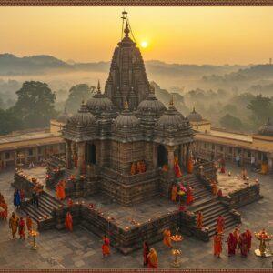 A majestic aerial view of Baidyanath Dham temple complex during sunrise, with golden rays illuminating its ancient spires and domes. The main temple, crafted in traditional Indian temple architecture, features intricate stone carvings and a prominent shikhara. In the foreground, a serene courtyard with devoted pilgrers dressed in traditional Indian attire (saffron and white) carrying puja thalis with red flowers and diyas. The background showcases misty Jharkhand landscapes with rolling hills and dense forests. Ethereal blue-golden light bathes the scene, with subtle traces of incense smoke creating a mystical atmosphere. Detailed Madhubani-style patterns border the scene, incorporating sacred symbols of Lord Shiva - trishul, damru, and serpents rendered in metallic gold and deep maroon. Small glowing oil lamps line the temple steps, their warm light reflecting off the stone surfaces. The artistic style combines photorealistic architecture with spiritually enhanced lighting and traditional Indian art elements, creating a harmonious blend of ancient sanctity and modern aesthetic appeal.