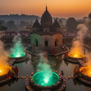 A mystical aerial view of Bakreshwar temple complex at dusk, with five natural hot springs emitting ethereal steam in the foreground, each spring glowing with different mineral-colored auras (golden, turquoise, emerald, amber, and silver). The ancient Shiva temple, featuring traditional Bengali architecture with curved roofs and intricate terracotta work, stands majestically in the center. Traditional Indian pilgrims in colorful attire are seen performing rituals near the springs. The scene is illuminated by dozens of floating diyas creating golden reflections in the water. Detailed Madhubani-style patterns border the springs, featuring sacred symbols and lotus motifs. The background shows rolling hills with a warm sunset creating a dramatic silhouette. Modern architectural lighting highlights the temple's features while maintaining its ancient charm. Soft mist creates a dreamy atmosphere, with traces of incense smoke adding to the spiritual ambiance. The color palette includes deep maroons, saffron, peacock blue, and gold with modern gradient effects.