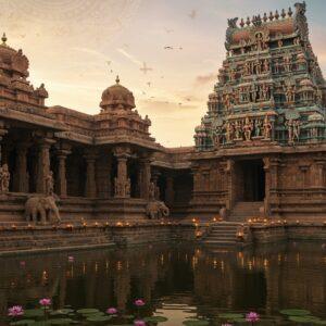 An ancient South Indian temple complex with intricate Dravidian architecture, featuring a towering gopuram adorned with detailed mythological sculptures in earthy terracotta and gold tones. The main shrine shows Lord Dharmaraya (Yudhishthira) in a regal pose, wearing a golden crown and royal attire, surrounded by his brothers. The temple courtyard features traditional Karnataka-style stone pillars with carved elephants and lotus motifs. Soft morning sunlight filters through, creating dramatic shadows and highlighting the temple's stone work. In the foreground, a serene temple pond reflects the structure, with floating lotus flowers in pink and white. The scene incorporates elements of Madhubani art style in the details, with intricate patterns in deep maroon and peacock blue. Small oil lamps with golden flames line the temple steps, creating a mystical atmosphere. The sky features subtle mandala patterns in pastel hues of dawn, with ethereal light rays descending upon the temple spire. Modern digital post-processing adds a subtle golden glow to the entire scene, while maintaining the traditional architectural authenticity.