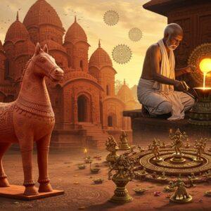 A magnificent terracotta Bankura horse, intricately detailed with traditional patterns, stands proudly in the foreground, its head raised majestically against a backdrop of the historic Madanmohan Temple complex. The temple's ornate terracotta panels display detailed scenes from Ramayana and Krishna-leela in rich earthy red tones. To the right, a master Dokra artisan, an elderly Indian man in traditional Bengali dhoti, is caught in the divine moment of pouring molten brass into intricate molds, creating golden figurines that seem to glow with an ethereal light. The scene is illuminated by warm sunset hues, casting long shadows and highlighting the textures of the terracotta work. Floating mandala patterns in gold and saffron interweave throughout the composition. The foreground features scattered Dokra artifacts - dancers, elephants, and peacocks - arranged in a spiral pattern, their surfaces gleaming with a patina finish. The art style combines Madhubani's intricate patterning with modern digital painting techniques, using a color palette of deep terracotta reds, antique gold, burnished bronze, and peacock blue. Soft bokeh effects and mystical light particles add depth and spirituality to the scene.
