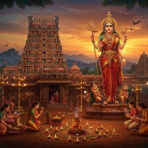 A majestic, intricately detailed temple complex at sunset, featuring the grand Bannari Amman temple in traditional Dravidian architecture with multi-tiered gopurams adorned with detailed sculptures. The main goddess Bannari Amman stands powerfully in the center, depicted as a beautiful South Indian goddess with four arms - holding a trishul in her upper right hand, a demon's head in her upper left, a protective mudra in her lower right, and a lotus in her lower left. She wears a rich red and gold silk saree with traditional temple jewelry. The scene is illuminated by hundreds of brass temple lamps creating a golden ethereal glow. In the foreground, detailed Madhubani-style patterns of devotees performing rituals with flowers and coconuts. The background showcases the Western Ghats mountains in deep blue-green hues. Scattered lotus flowers and peacock feathers frame the scene. The color palette includes deep maroon, saffron, gold, and peacock blue, with surreal glowing effects around the goddess. The overall composition combines hyperrealistic architectural details with mystical, spiritual elements in a modern digital art style.