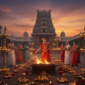 A majestic Indian temple courtyard during festival time, illuminated by hundreds of traditional brass oil lamps and vibrant fire kundams. In the center, a divine-looking Indian priestess in a red and gold silk saree performs the sacred kundam ritual, her hands gracefully holding a golden vessel above a blazing ceremonial fire pit. The temple architecture features intricate South Indian Dravidian style with ornate gopurams decorated with detailed sculptures. Around her, devotees in traditional attire (men in white veshtis, women in colorful silk sarees) carry thalis with offerings of flowers, coconuts, and kumkum. The atmosphere is mystical with swirling sacred smoke, floating marigold and jasmine petals, and golden light filtering through. The background shows the iconic Bannari Amman temple illuminated in warm golden lights against a twilight sky with hints of deep purple and orange. The scene incorporates traditional Madhubani-style decorative elements in the borders with peacock motifs and geometric patterns. The overall composition should have a cinematic, ethereal quality with dramatic lighting highlighting the sacred fire and the devotional fervor of the festival.